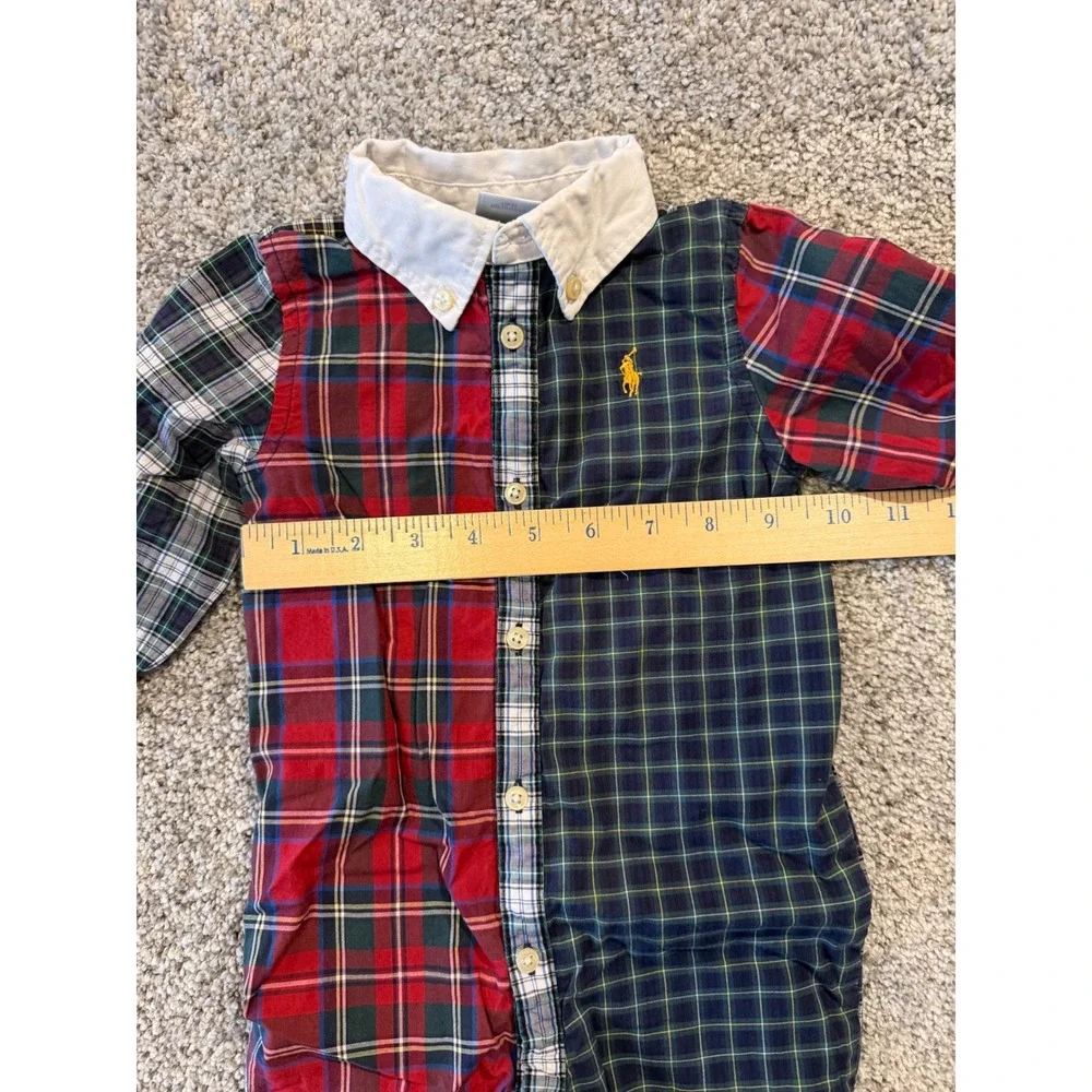 Ralph Lauren Romper Boys 9M Multi Plaid Patchwork Long Sleeve Button Down Pony